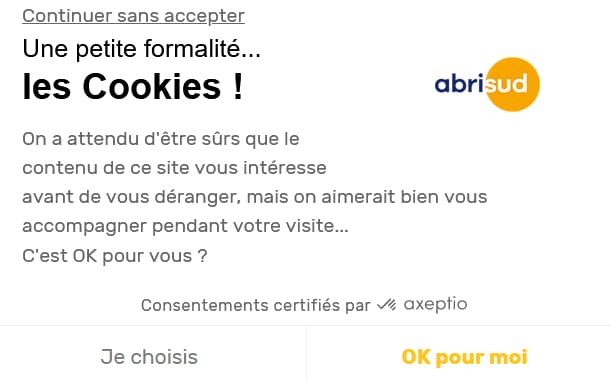 « Une petite formalité...les Cookies ! On a attendu d’être sûrs que le contenu de ce site vous intéresse avant de vous déranger, mais on aimerait bien vous accompagner pendant votre visite... C’est OK pour vous ? »