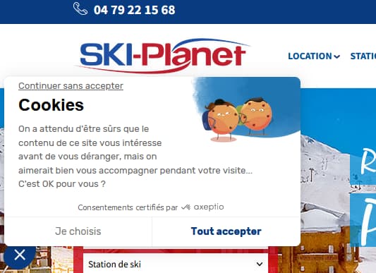 Bannière de consentement affichée sur le site « SKI-PLANET.COM »