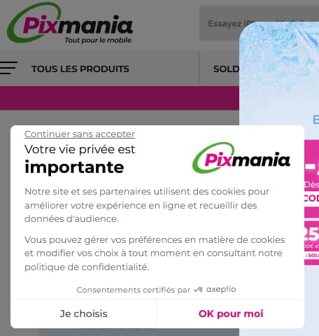 Bannière de consentement affichée sur le site « PIXMANIA.COM » en février 2024