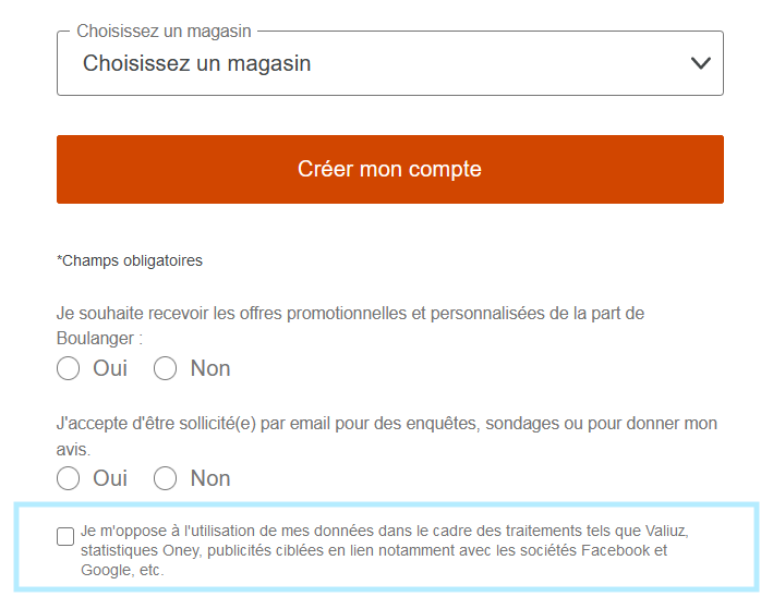 « Je m’oppose à l’utilisation de mes données dans le cadre des traitements tels que Valiuz, statistiques Oney, publicités ciblées en lien notamment avec les sociétés Facebook et Google, etc. »