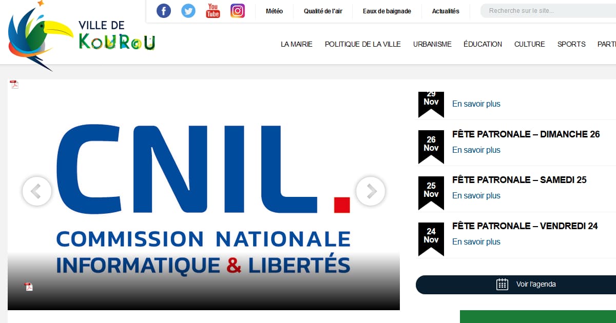 La page d'accueil du site de la ville de KOUROU avec une image du logo de la CNIL