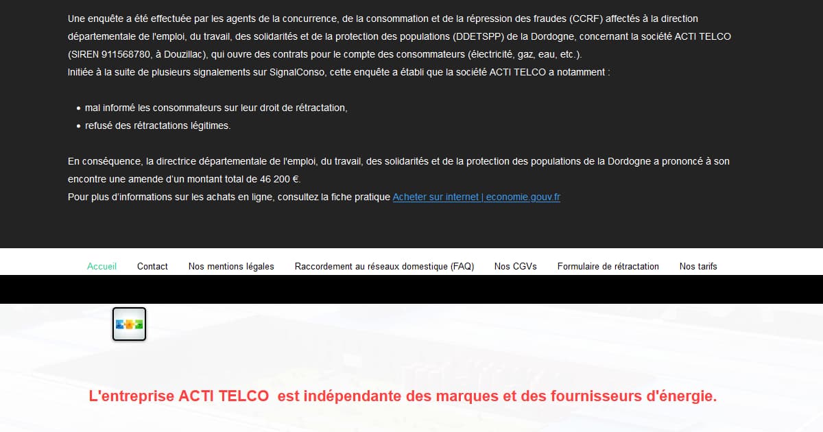 Une bannière noire avec affichée avec un texte contenant la sanction de la DGCCRF.