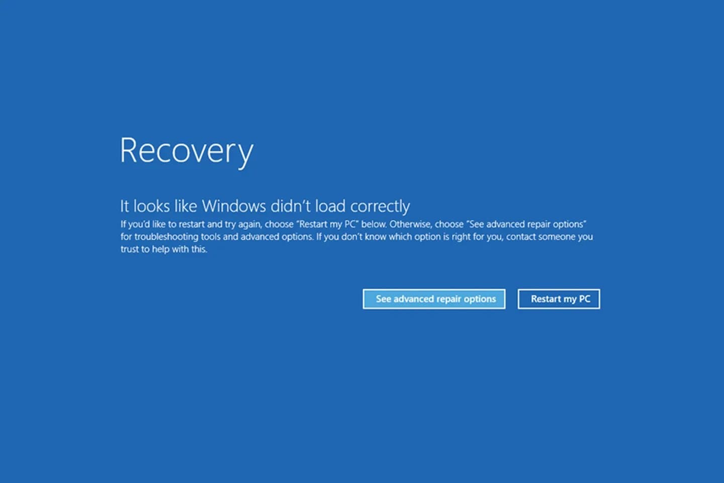 Un écran bleu avec un message d’erreur : It looks like Windows didn’t load correctly